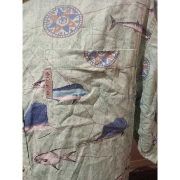 Columbia Mens Fish Graphic Print Green Button Down Short Sleeve Shirt Large L - Picture 3 of 12